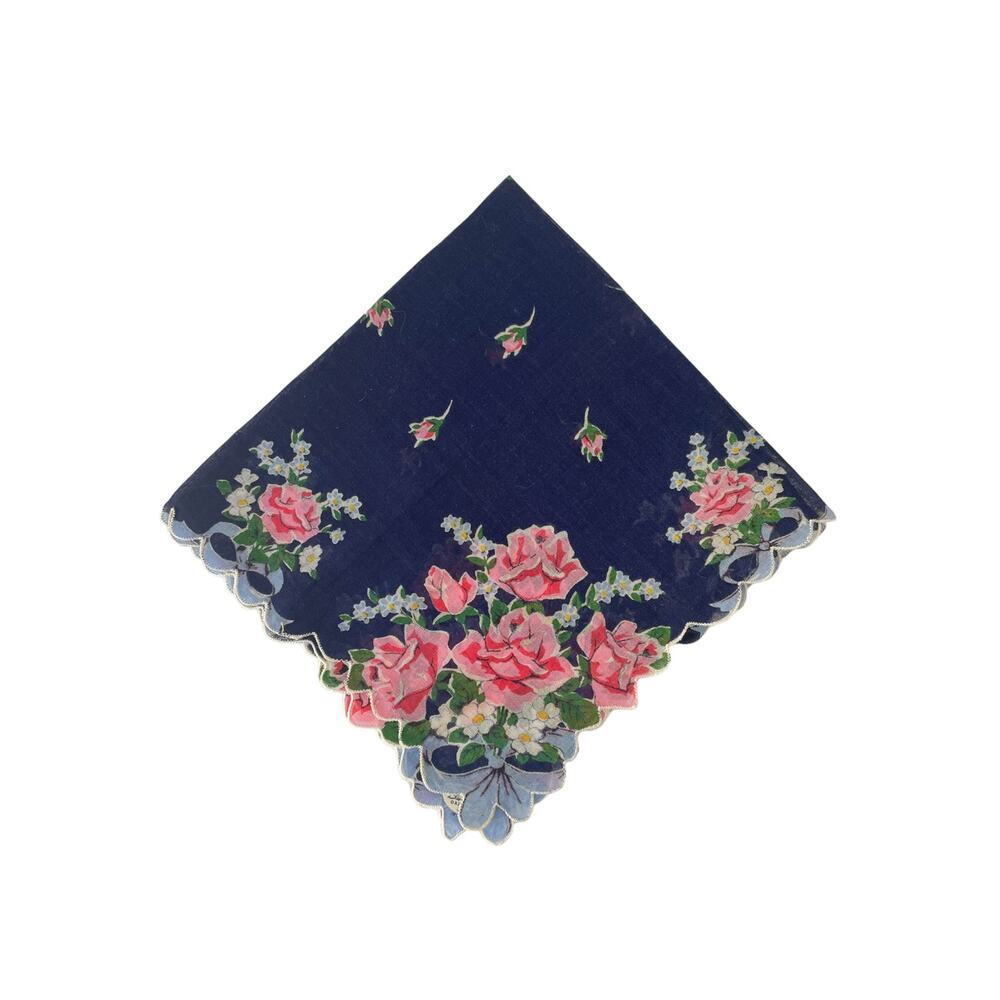 1960s NWT Burmel Pink Roses Blooming Flower Scallop Edge Handkerchief Hanky